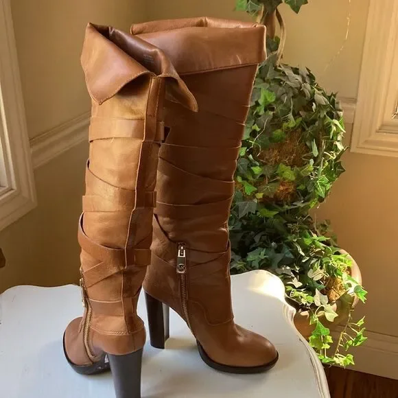 Michael Michael Kors Greenwich Belted Knee High Tan Wrapped Leather Boots Sz 5.5 - Picture 7 of 16
